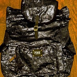 Pink Victoria secret black sequin backpack